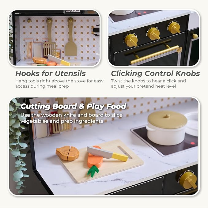 Teamson Kids Wooden Play Kitchen for Toddlers with Accessories, Pretend Cooking Set for Kids Age 3+, Black Toy Kitchen Playset, Retro Design, Realistic Features for Boys & Girls, St. Louis Collection