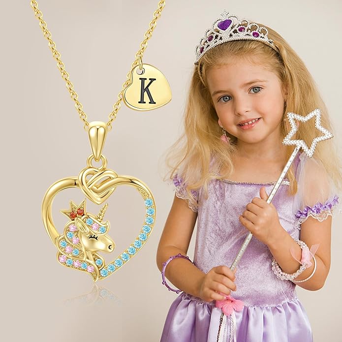Unicorn Initial Necklaces for Girls Kids Women - 18K Really Gold Filled Unicorn Initial Letter Necklace Teen Girls Gifts Trendy Stuff Heart Letter Necklace for Women Girl Kids Gifts
