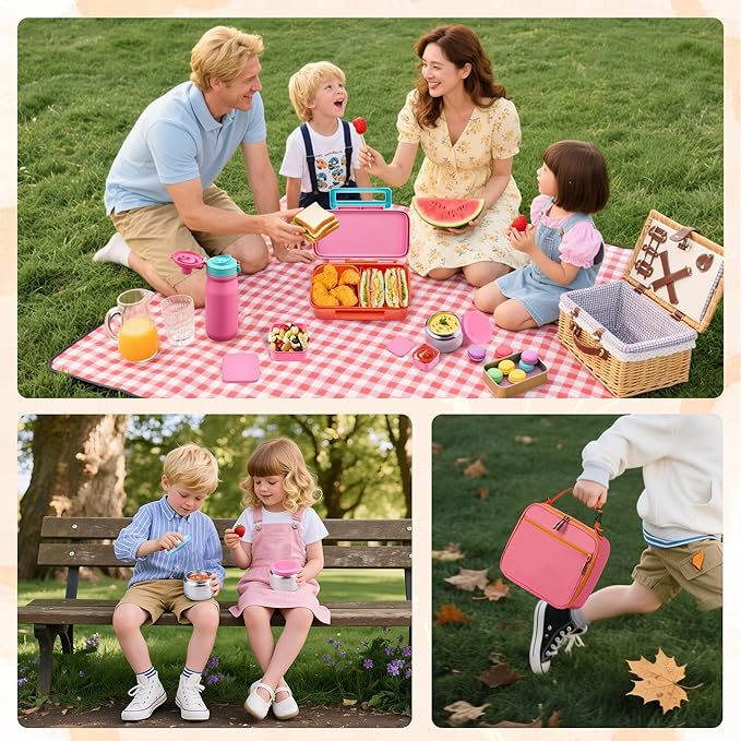 Bento Lunch Box for Kids With 8oz Thermo, Leakproof Bento Box with with 2 Compartments, Insulated Bottle, Lunch Bag, BPA Free Dishwasher Safe for School Girls Boys (Pink)