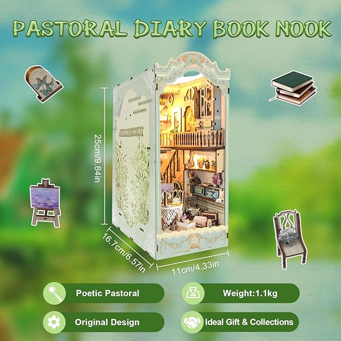 CRIOLPO Book Nook Kit - DIY Doll House Booknook, Book Nook Miniature Kit for Bookshelf Insert Decor Craft for Adult Teen Halloween, 3D Wooden Puzzle Bookends with Sensor Led Light