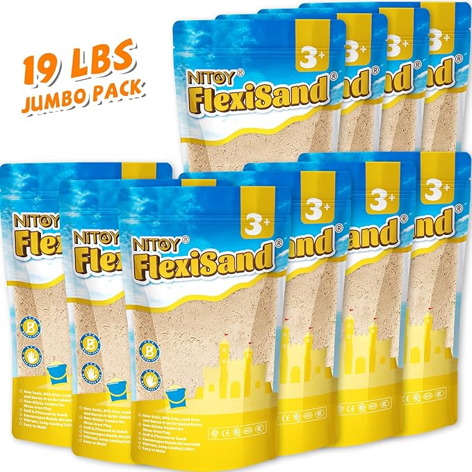 NiToy FlexiSand 19 lbs Value Pack of Moldable Self-Sticking Sand, Never Dries Out Fun for 3 Years and Up Kids, Bulk Refill for Sensory Sand Box Toys, Ideal for Shaping and Molding (Original Color)