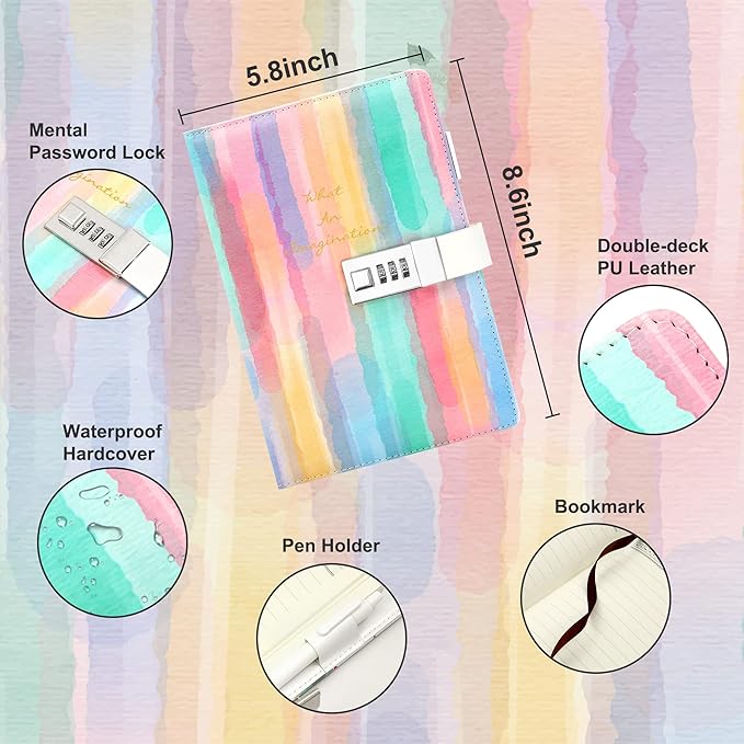 CAGIE Diary with Lock for Girls Age 8 9 10 11 12, Hardcover Rainbow Journal with Lock for Teens Girl Birthday Valentines Day Gifts, 5.7 x 8.5 Inch Kids Journal with Pen 192 Pages journaing Notebook