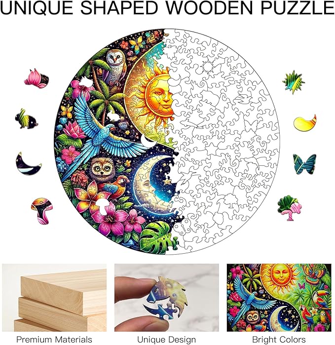 Wooden Puzzle for Adults โ Tropiacl Yin-Yang Shaped Jigsaw, Unique Brain Teaser for Kid & Teen, 220 Pieces, 10"x10", Ships as Whole Puzzle Board (No Loose Pieces), Gift-Ready Box, Fun Family Game
