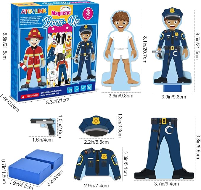 Atoylink Wooden Magnetic Dress up Dolls Pretend Play Set 40+ Pcs Occupations Community Helpers Matching Games Fridge Magnets for Toddlers Preschool Learning Toys Boys Birthday Gifts