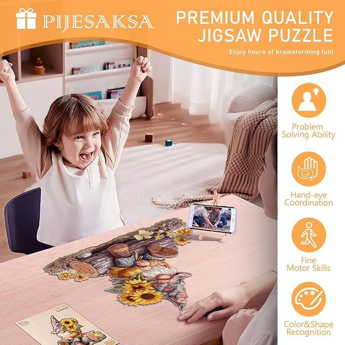 Wooden Puzzles for Adults, Sunflower Gnome Wooden Jigsaw Puzzle for Adults, Colorful Flowers Wood Puzzles Adult, Unique Shape, Fun Presents for Friends, Wall Art Home Decor(S -8.3 * 8.5in-102 pcs)