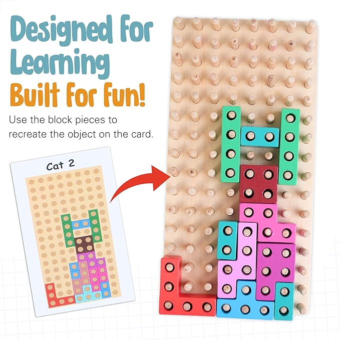 Zen Fun Montessori Animal Block Puzzle for Spatial Intelligence, Montessori Puzzle for Kids 4+, Wooden peg Puzzles Pentomino Peg Puzzle with 60 Different Design Cards to Recreate!
