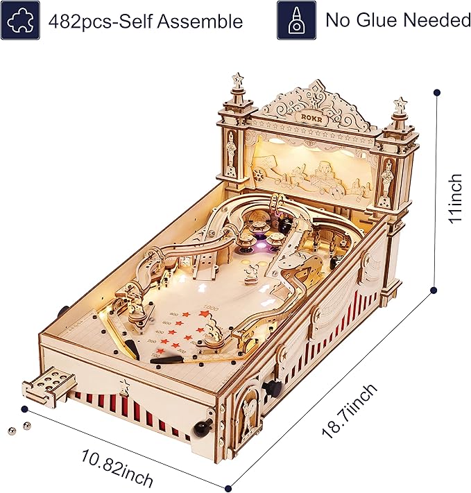 ROKR Miniature Pinball Machine-3D Wooden Puzzles for Adults-DIY Wood Model Kits for Adults-Toy Gifts for Ages 14 and Up