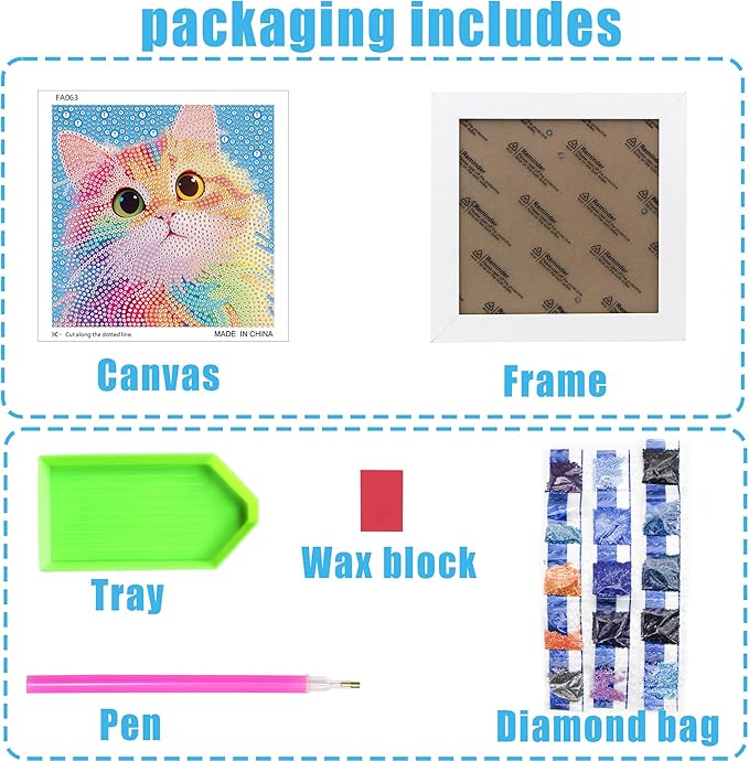 geesfayan Diamond Art Kits for Kids Ages 8-12,6 Inch DIY Gem Art Painting with 7 Inch Frame, Complete Starter Kit for Beginners, Creative Arts & Crafts Gift for Girls & Boys (Colorful Cat)