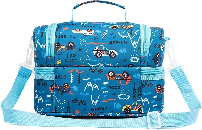 Insulated Kids Dual Compartment Lunch Bags Tote Pack for Girls Boys Toddler Kindergarten School Picnic Food Cooler Boxes with Shoulder Strap (Blue Car)