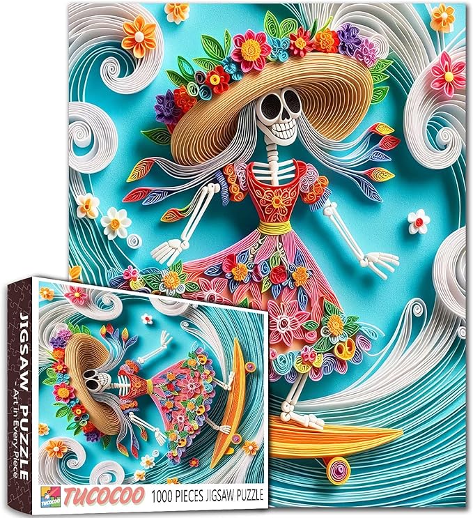 Tucocoo Skeleton Surfing 1000 Piece Jigsaw Puzzle for Adults, Colorful Floral Fun Challenging Puzzle for Family Game Night Vibrant and Relaxing Puzzle for Stress Relief Activities Home Decor Gift