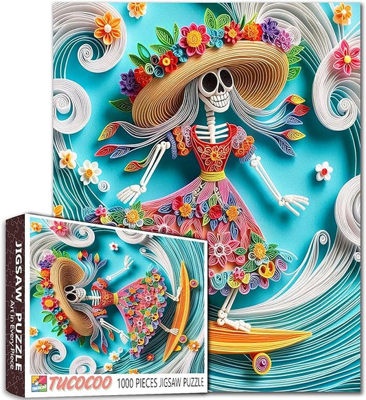 Tucocoo Skeleton Surfing 1000 Piece Jigsaw Puzzle for Adults, Colorful Floral Fun Challenging Puzzle for Family Game Night Vibrant and Relaxing Puzzle for Stress Relief Activities Home Decor Gift