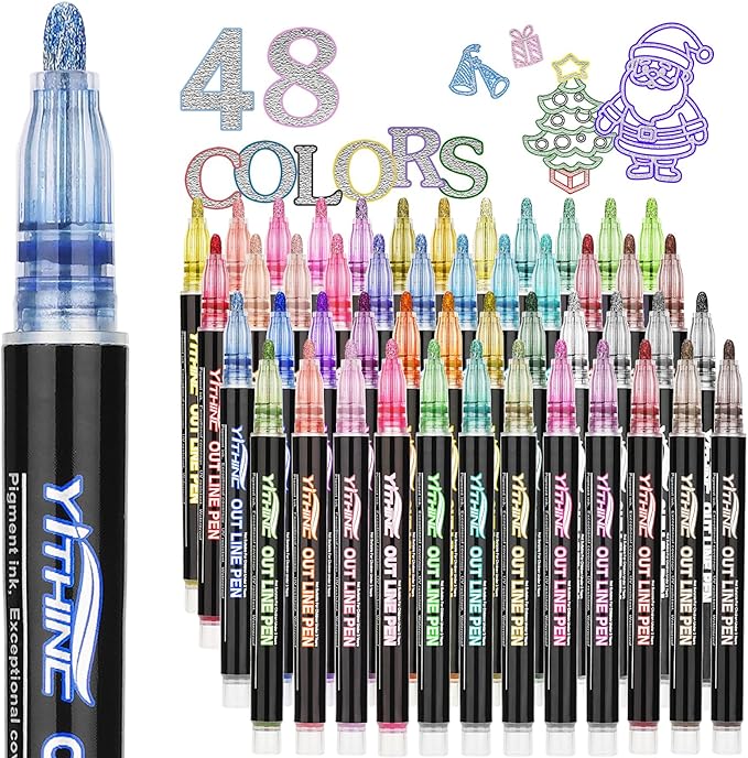 Outline Shimmer Markers, 48 Glitter Metallic Gel Pens for Coloring, Fun Gift for Halloween, Birthday Party Favors, Holiday Stocking Stuffers, Cool DIY Art Crafts Drawing Supplies