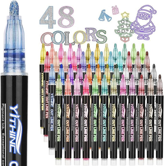 Outline Shimmer Markers, 48 Glitter Metallic Gel Pens for Coloring, Fun Gift for Halloween, Birthday Party Favors, Holiday Stocking Stuffers, Cool DIY Art Crafts Drawing Supplies