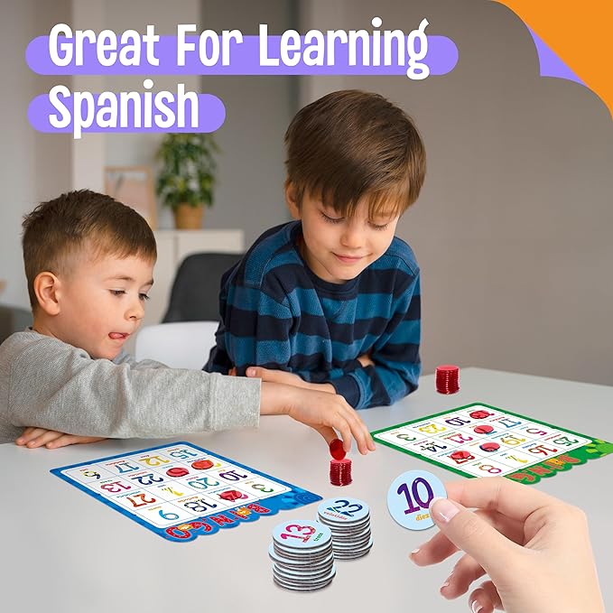 Spanish Bingo Game, 12 Bingo Board Spanish Letters, Numbers & Words Vocabulary Game, Early Educational Toys for Learning - Ages 4 and up, Perfect for Classroom & at Home (Up to 12 Players)