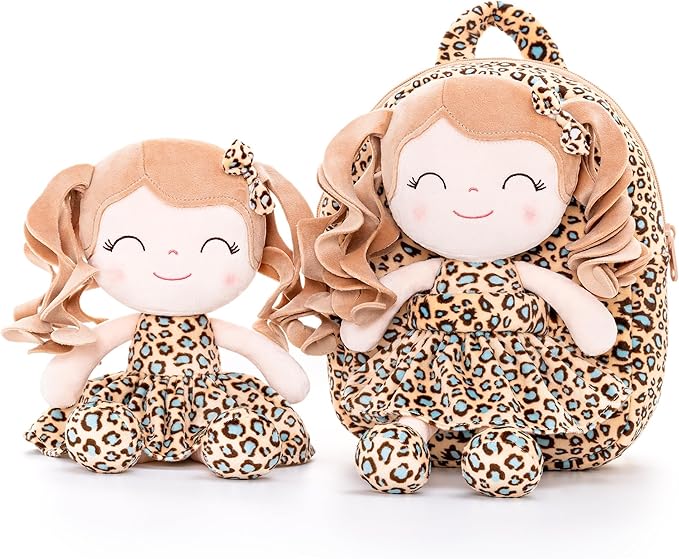 Gloveleya Toddler Backpack Baby Girl Gifts Curly Hair Plush Figures Dress Backpack Kids Backpack Curly Hair Spring Girl - White Leopard 9inches