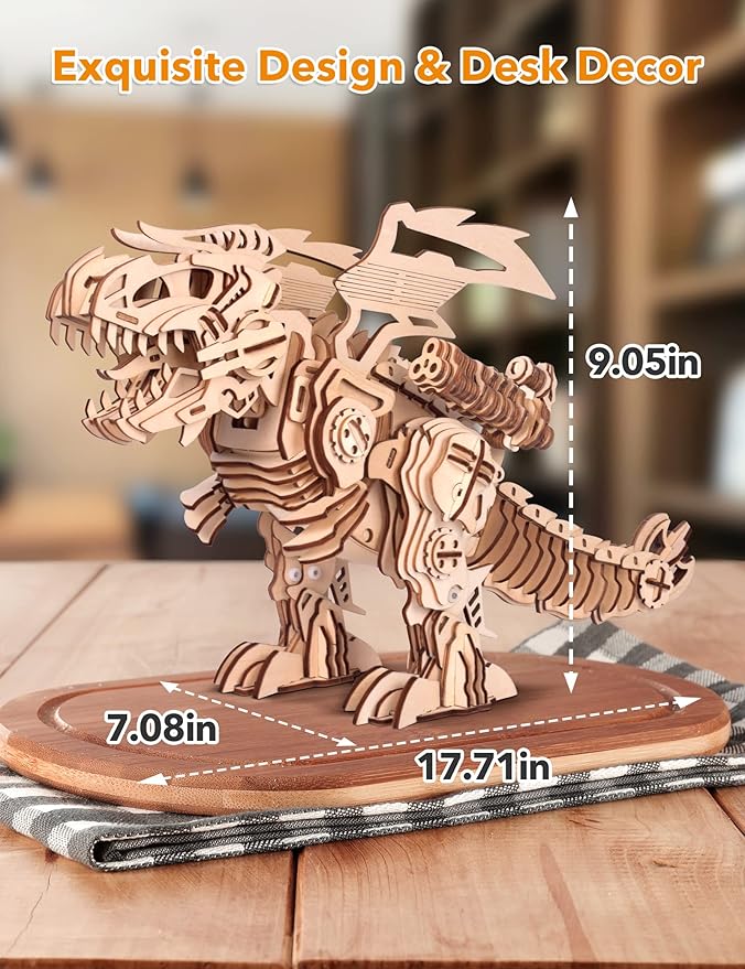 MIEBELY 3D Wooden Puzzles for Adults - T-Rex Dinosaur Model Kits can Walk and Roar, Mechanical Dinosaur STEM Toys for Boys Kids Ages 8-10-12-14, 3-D Puzzles Building Kit Gifts for Teen Men Women