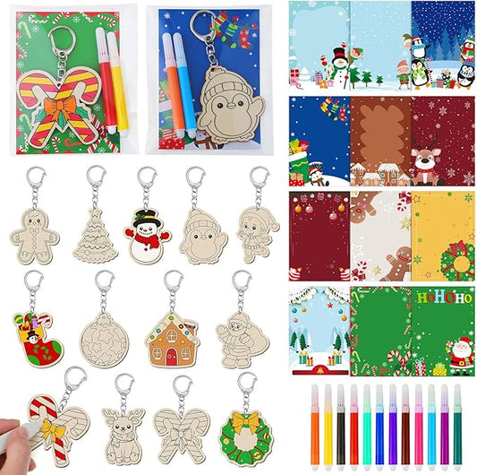24 Sets Christmas Keychains Craft Kit Winter Unfinished Keychains Gifts Color Your Own Gingerbread Man Santa Claus Elk Penguin Snowman DIY Crafts for Christmas Winter Party Favors