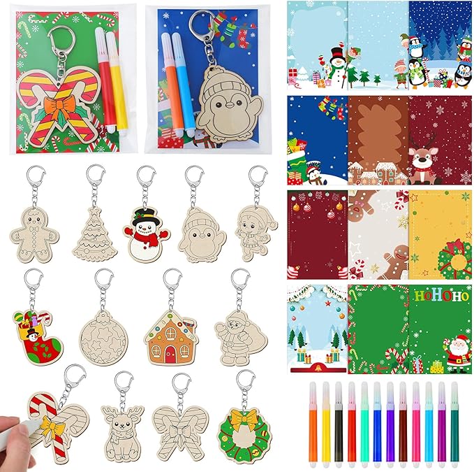 24 Sets Christmas Keychains Craft Kit Winter Unfinished Keychains Gifts Color Your Own Gingerbread Man Santa Claus Elk Penguin Snowman DIY Crafts for Christmas Winter Party Favors