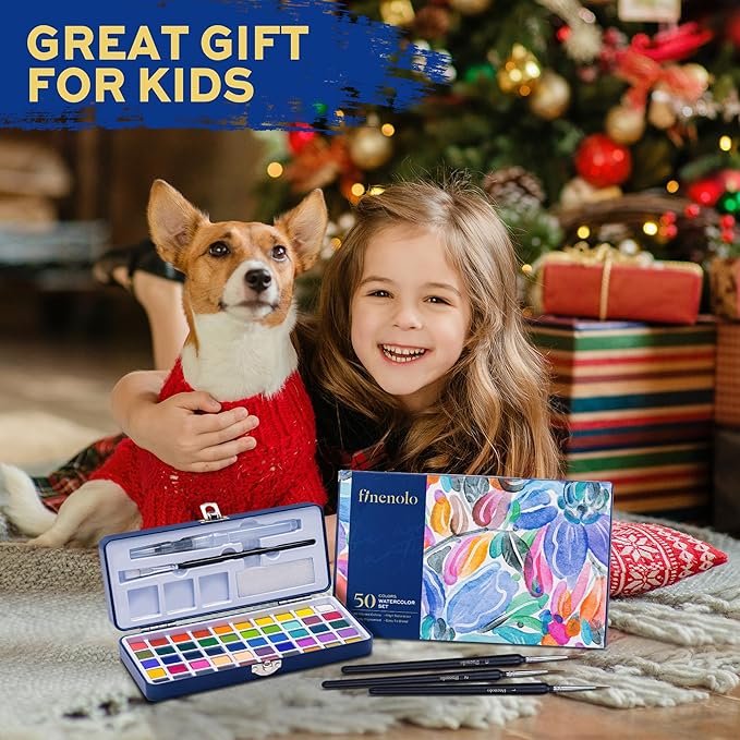 50-Color Watercolor Paint Set with 8 Brushes (Water Brush + Detail Brushes), 3 Mixing Palettes & Complete Accessories, Perfect for Beginners,Great for Outdoor Sketching, Painting Creation, Holiday Gifts