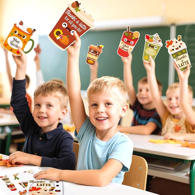 ANGOLIO Fall Coffee Stickers Craft Hanging Kit for Kids- 123pcs DIY Coffee Cup Thanks a Latte Sign Stickers, Autumn Ornaments for Boys Girls, Classroom Thanksgiving Decorations Exchange Party Supplies