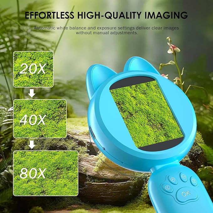 Kids Microscope 100X Magnification, STEM Handheld Digital Science Kit, Portable Educational Toy for Ages 3-16, Birthday for Boys & Girls Blue