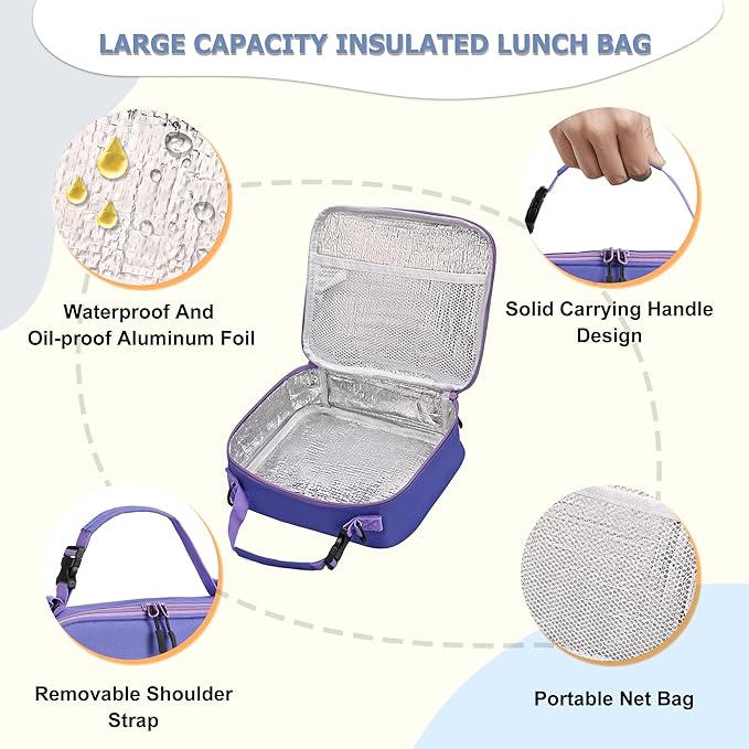 MAISON HUIS Kids Bento Box Set - Includes 8oz Soup Thermo, Insulated Lunch Bag & 17oz Stainless Steel Water Bottle, 5-Compartment Bento Box with Built-In Ice Pack, Leak-Proof & BPA-Free(Purple)