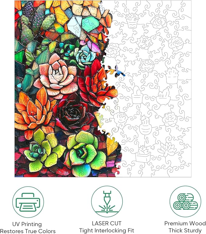 Wooden Puzzles for Adults, Stained Glass Succulent Puzzles 200 Pieces, Unique Shaped Jigsaw Puzzles for Adults and Kids, Birthday Gifts Fun Challenge Family Game 11.2'' x 11.2''