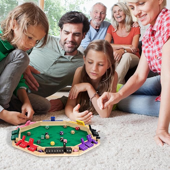 Vamslove Upgraded 2-8 Players Shut The Box Dice Game-Colorful 8-Way Wooden Board Table Math Game with 16 +6 Dices - Close The Box for Kids, Adults Families Party Club (Instruction Included)