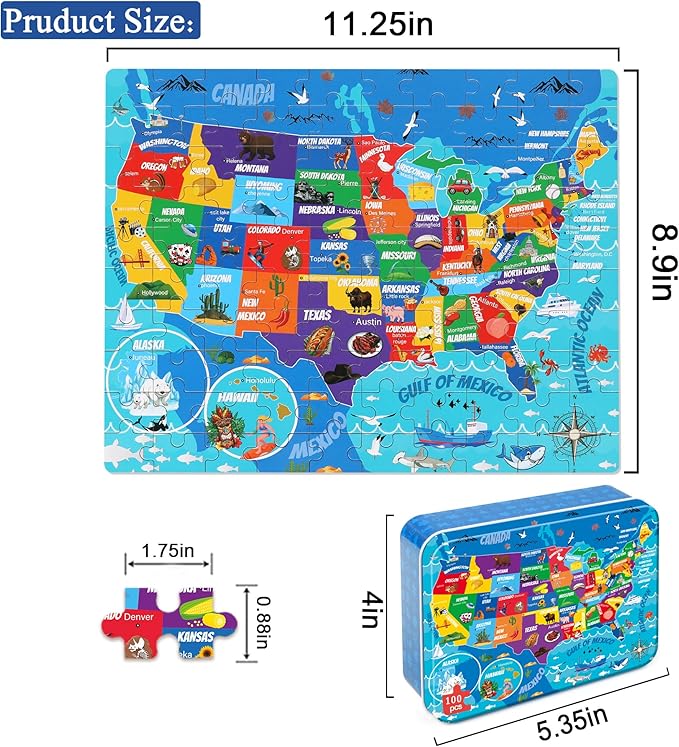 LELEMON United States Puzzles for Kids Ages 4-8,100 Pieces USA Sea Map Jigsaw Puzzles in a Metal Box,Fun America Map Learning Educational Toys for Boys Girls