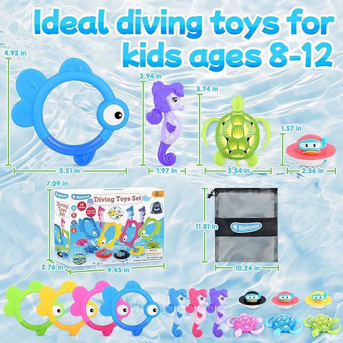Pool Diving Toys for Kids, 14 PCS Swimming Pool Diving Rings, Summer Dive Sticks with Float Toys for Kids 4-8 8-12, Sea Animals Sinking Games for Teens, with Seahorse/Fish/Turtles/Ducks