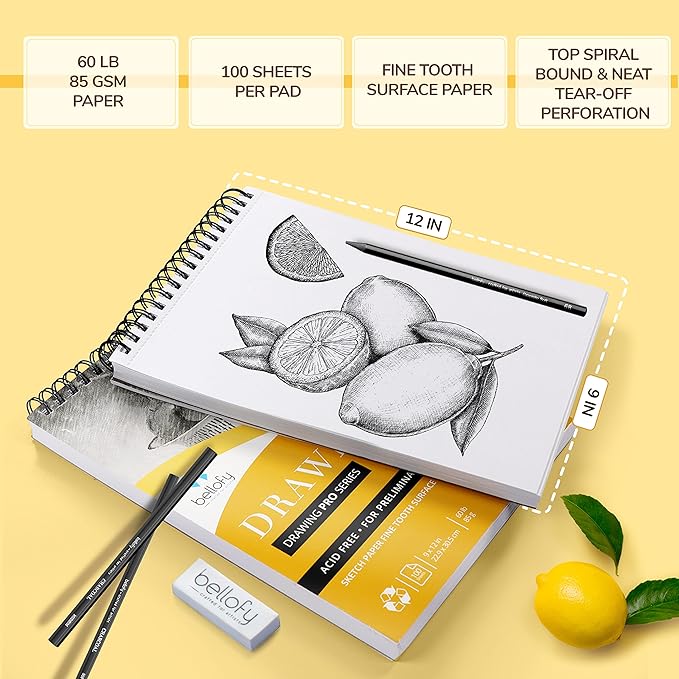 Bellofy 3 x Drawing Paper Pads 9” x 12” | 300 Sheets | 60lbs 85g | Acid Free Sketchbook Paper for Dry Media | Top Spiral Bound Sketchpad for Kids, Beginners, Artists & Professionals