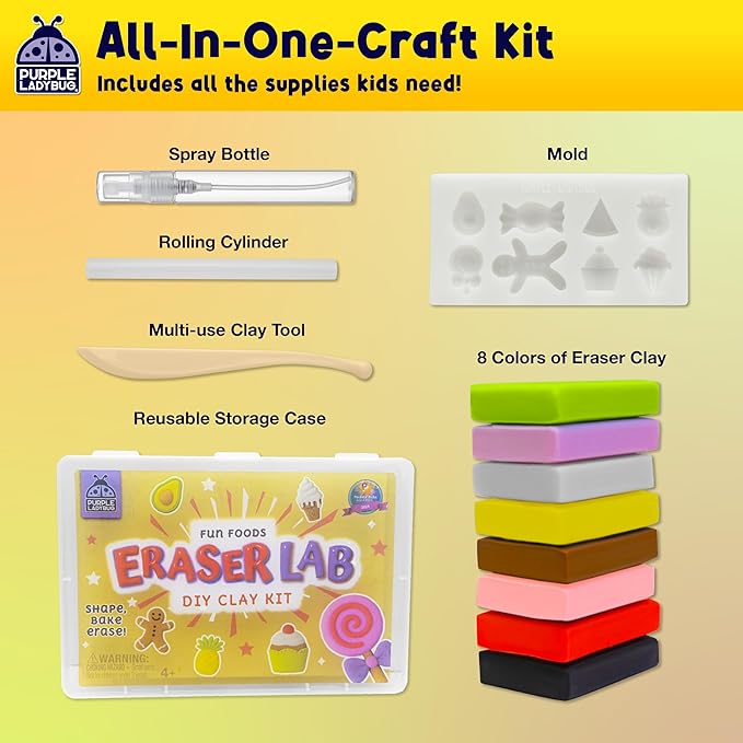 PURPLE LADYBUG Eraser Lab DIY Clay Kit - Food-Themed Fun Eraser for Kids Craft Set, 8 Clay Colors, Mold Tray & Shaping Tools, Creative Activity for Boys & Girls Aged 4+, Gift for Birthday, Christmas