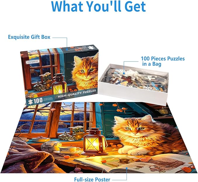 100 Piece Puzzles for Kids Reading Cat 100 Piece Puzzles for Adults, Cute Kitten 100 Pieces Puzzle for Kids Ages 4-8, Cozy Retreat Puzzle for Seniors Teens Brain Teaser