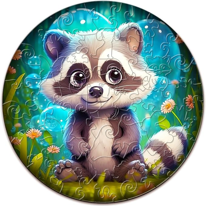 Wooden Puzzles for Kids Ages 4-8, Cute Raccoon Puzzle, Unique Animal Shaped Wooden Jigsaw Puzzles for Kid, 50 Pieces Puzzles for Kids(50pcs,11.4 * 11.4in)