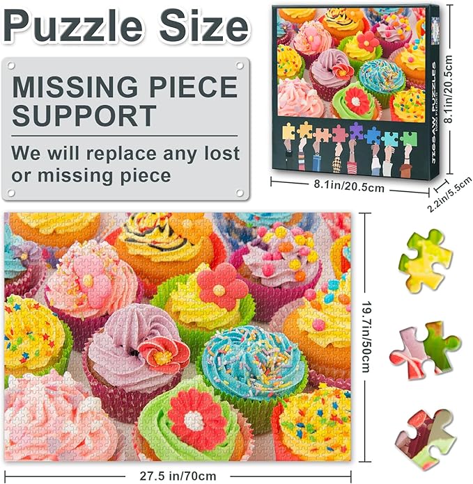 1000 Piece Puzzle for Adults - Vintage Cupcake Shop Jigsaw Puzzles, Retro Cake & Dessert Art Adult Puzzles 1000 Pieces, Nostalgic Sweet Treat Design - 27.5x19.7 Inches
