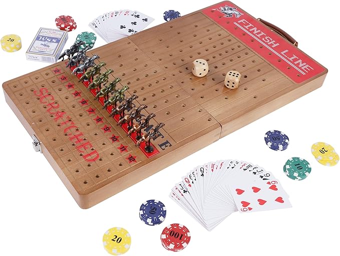 Glintoper Large 21" Horse Racing Game for Adults Family, Horse Race Board Games with 11 Luxury Metal Horses, Foldable Wood Board with 2 Dices 2 Boxes of Cards 40 Poker Chips Finish Line for Parties