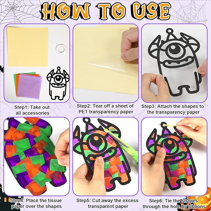 Qyeahkj 36 Set Halloween Monster Suncatchers Crafts for Kids DIY Monster Window Tissue Paper Craft Kit Hanging Decor for School Classroom Activity Art Project Holiday Home Birthday Party Favor Gift