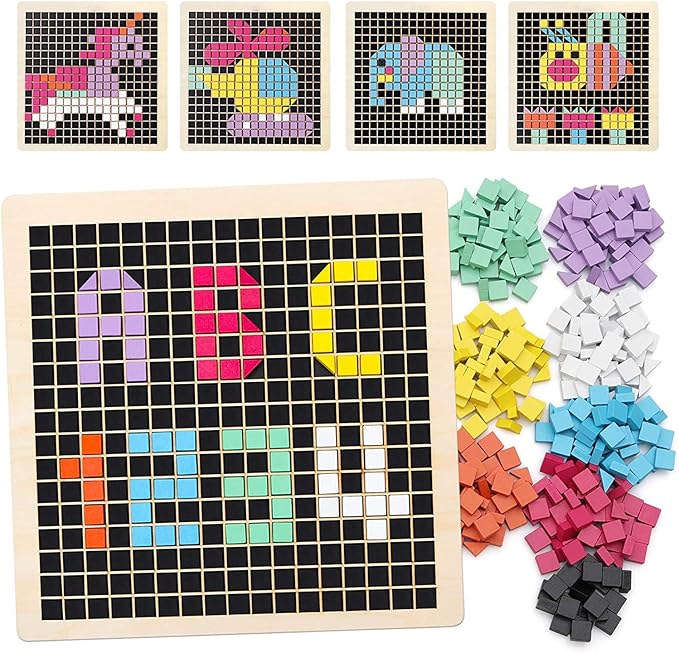 Coogam Wooden Mosaic Puzzle, 370PCS Shape Pattern Blocks with 8 Colors, Pixel Board Game Montessori STEM Toys Gift for Kids Toddlers Boys Girls Ages 4 5 6 7 Years Old