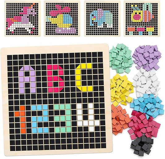 Coogam Wooden Mosaic Puzzle, 370PCS Shape Pattern Blocks with 8 Colors, Pixel Board Game Montessori STEM Toys Gift for Kids Toddlers Boys Girls Ages 4 5 6 7 Years Old