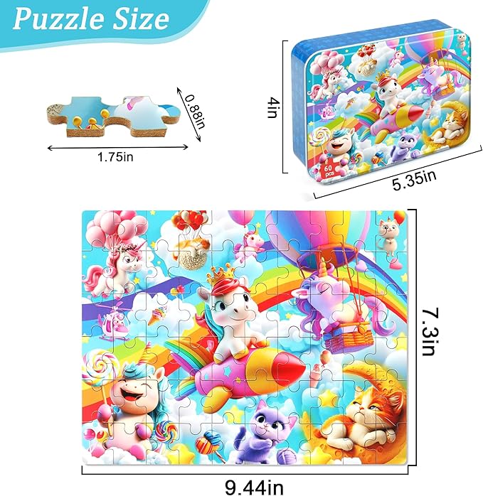 Rainbow Horse Unicorn Puzzles for Kids Ages 4-8, 60 Pieces Jigsaw Puzzles for Kids Ages 3-5 Puzzle for Girls and Boys Learning Educational Puzzles Toys in a Metal Box
