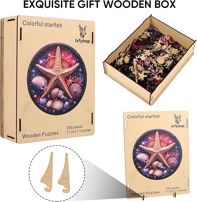 Wooden Puzzles for Adults, Colorful Starfish Jigsaw Puzzles, Unique Adult Puzzles 200pcs, Wood Toys Puzzles Best Gift for Adults and Kids Family Brain Game 11.2x11.2 inch