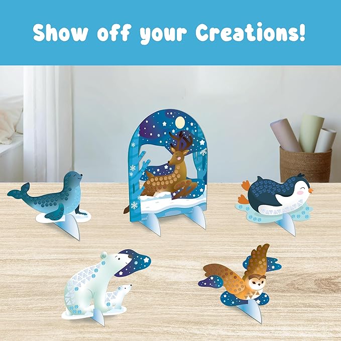 BINCA Foam Sticker Mosaic Art Activity, 750+ 3D Glitter Foam Stickers, 5 Winter Animals with Display Arch, DIY Mess-Free Activities, Felt Craft Kits & Gifts for Boys & Girls Ages 5,6,7,8