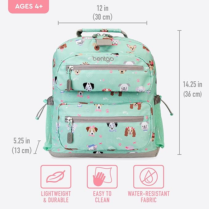 Bentgo Kids Backpack - Lightweight 14” Backpack in Fun Prints for School, Travel, & Daycare, Ideal for Ages 4+, Roomy Interior, Durable & Water-Resistant Fabric, & Loop for Lunch Bag (Puppy Love)