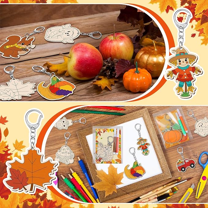 24 Sets Fall Thanksgiving Party Favors Autumn Unfinished Wooden Keychains Gifts Coloring Turkey Pumpkin Fall Leaves Scarecrow DIY Home Crafts for Thanksgiving Party Holiday Activities