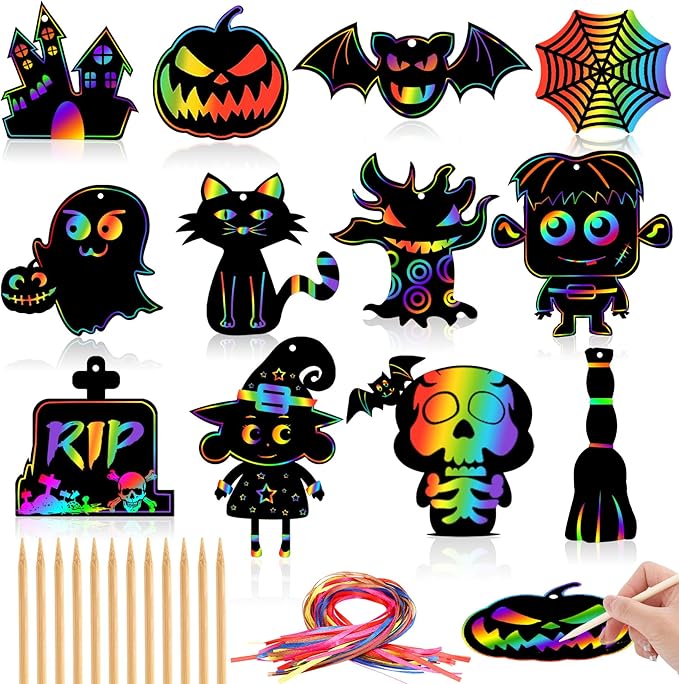 JULMELON Halloween Craft Kits, 48PCS Rainbow Magic Scratch Art Halloween Hanging Ornaments Halloween Crafts Scratch Paper Halloween Party Favors Games