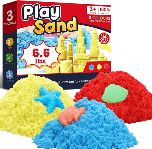 FURWEY 6.6lbs Play Sand,Mixed Packaging of 3-Color Sensory Sand,Suitable for Children to Shaping, Squeezing and Molding