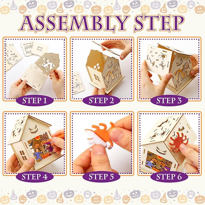 12 Sets Wooden Thanksgiving Halloween Houses Fall Graffiti Crafts Pumpkin Wood House Ghost Table Decor 12 DIY Unfinished Craft Kit 12 Watercolor Pens 100 Foam Stickers(Halloween Style)