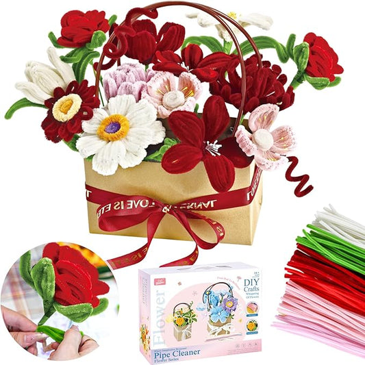 Pipe Cleaners Craft for Flowers, Multi-Colored Pipe Cleaners Kit, Chenille Stems for DIY Flower Making Kit with Floral Wires, Come with Flower Base, Ideas for Party & Home Decor (A21)