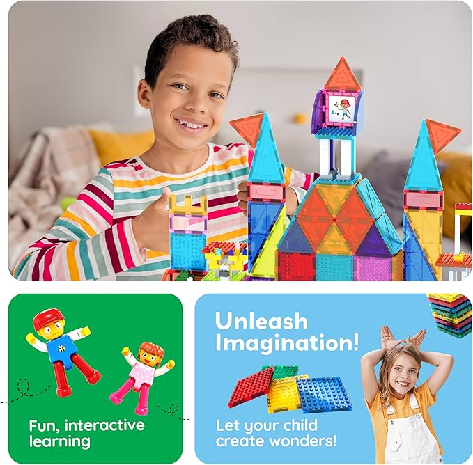 PicassoTiles 353pc Magnetic Brick and Magnet Tile Combo Set with Action Figures STEM Building Block Educational Construction Kit Preschool Classroom Toy Learning Activities for Kids Age 3 Plus PTL353