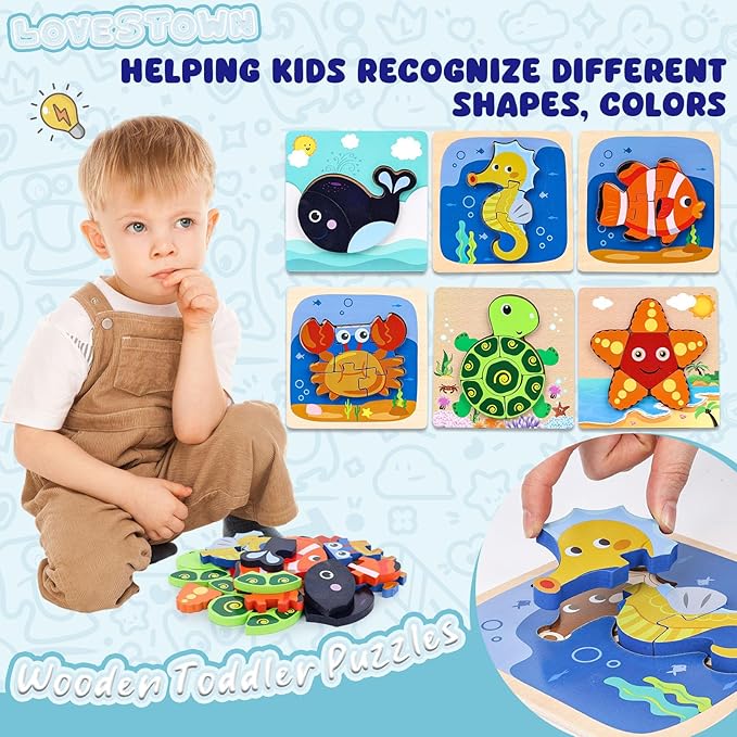 LovesTown Wooden Toddler Puzzles Montessori Sea Animal Jigsaw Puzzle, Educational Preschool Learning Toys for Boys and Girls, Pack of 6